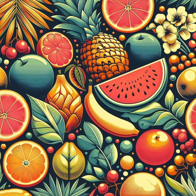 Hiperrealista tropical exótico frescas frutas coloridas frutas patrón de comida fondo transparente imagen