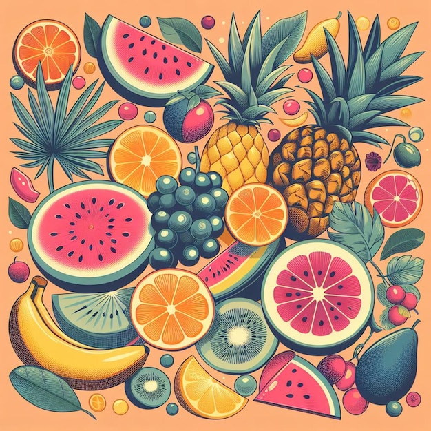 PSD hiperrealista tropical exótico frescas frutas coloridas frutas patrón de comida fondo transparente imagen