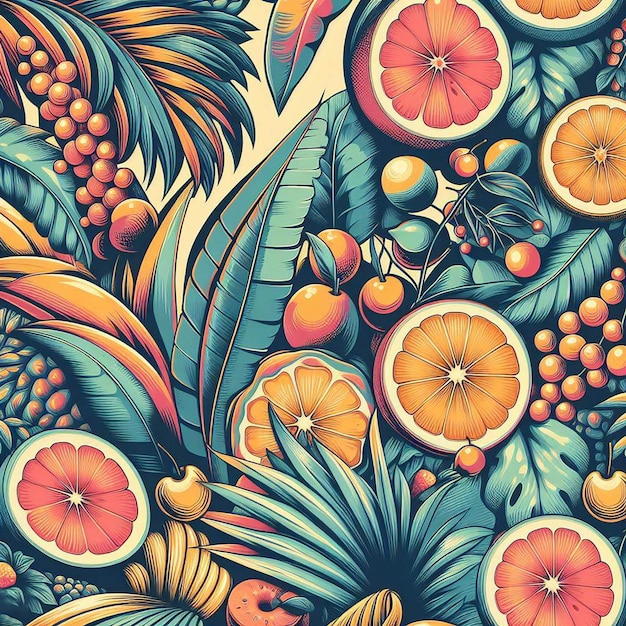 PSD hiperrealista tropical exótico frescas frutas coloridas frutas patrón de comida fondo transparente imagen