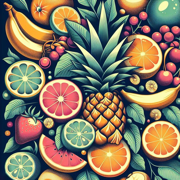 Hiperrealista tropical exótico frescas frutas coloridas frutas patrón de comida fondo transparente imagen