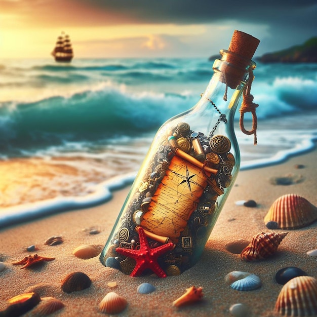 PSD hiperrealista vibrante mensaje tropical del caribe en una botella tesoro pirata playa puesta de sol