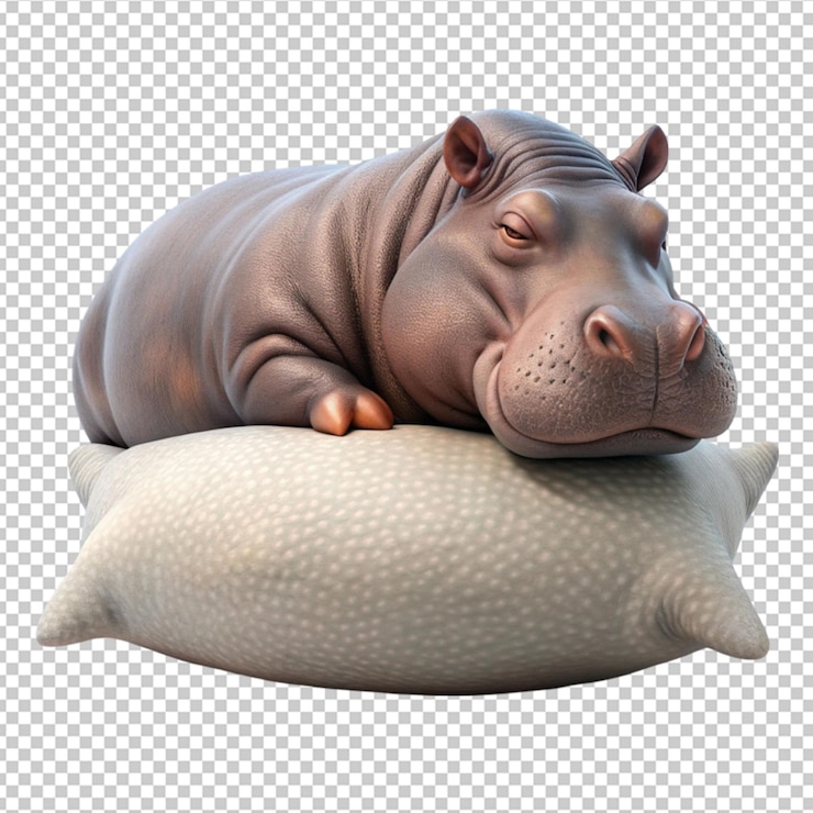 PSD el hipopótamo 3d duerme en una almohada sobre un fondo transparente