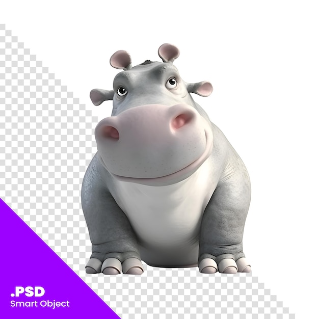 PSD hipopótamo de dibujos animados aislado en fondo blanco plantilla de ilustración 3d psd
