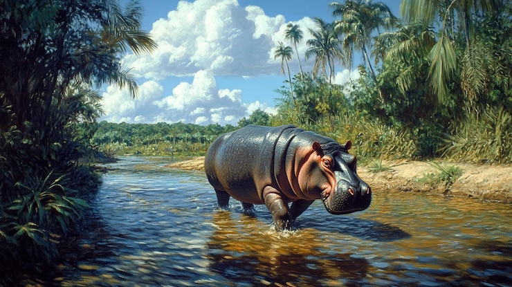 PSD hipopótamo vadeando en un río de la jungla