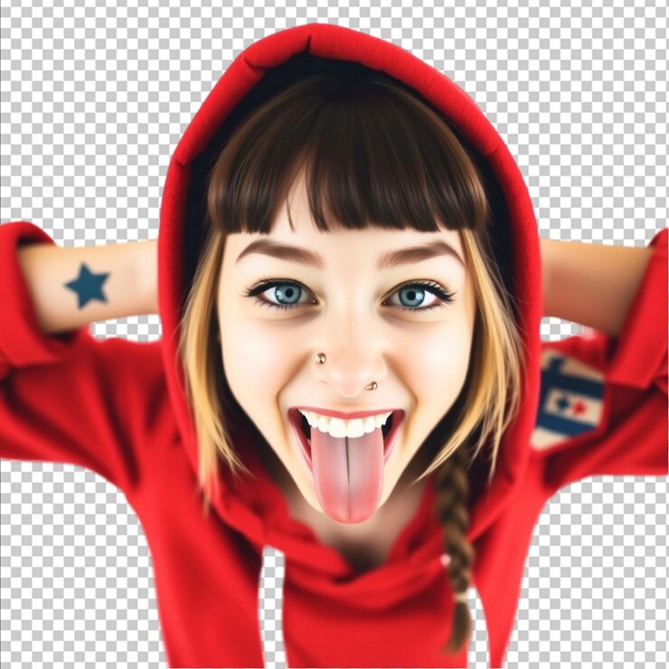 PSD hipster garota má em um capuz vermelho com um anel no nariz brincalhão mostrando sua língua em uma pose divertida em um fundo branco brilhante