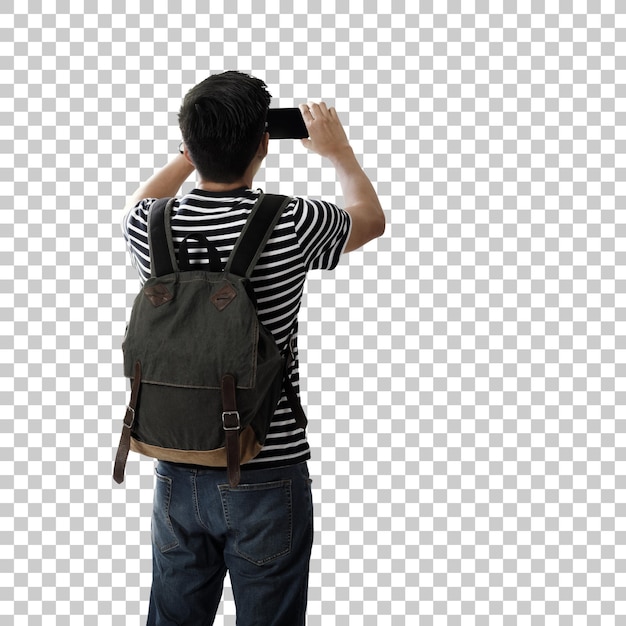 PSD hipster jovem asiático com mochila e tirar uma foto com câmera digital fundo transparente png