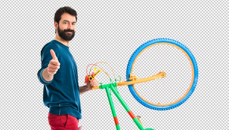 PSD hipster con el pulgar arriba sosteniendo una bici