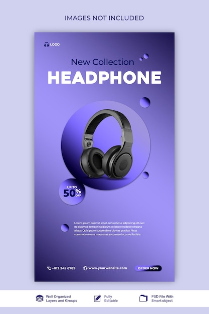 historia auriculares venta agencia electrónica redes sociales historia web publicación plantilla psd