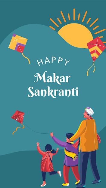 História de Instagram de Makar Sankranti ilustrada em azul e amarelo