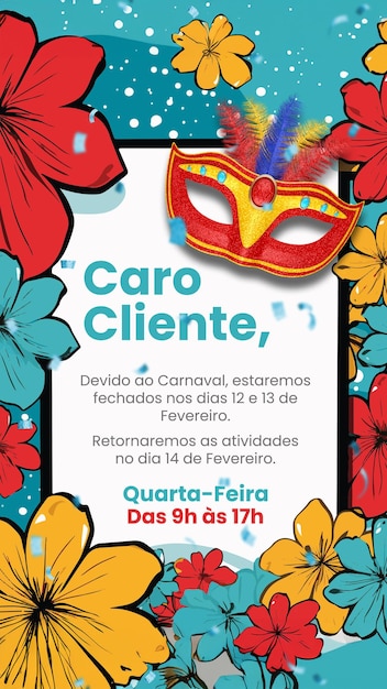 PSD história de mídia social aviso de carnaval no brasil modelo de renderização 3d para campanha em português.