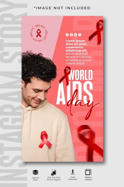 PSD história do instagram nas redes sociais do dia mundial da aids com fita vermelha