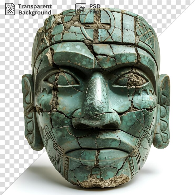 PSD historiadores fotográficos realistas artefactos antiguos con una cara verde con una nariz grande boca cerrada y ojo acompañado de una oreja pequeña y una sombra blanca