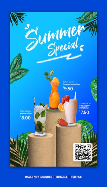 PSD histórias de bebidas frescas especiais de verão para mídias sociais facebook instagram