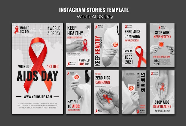 Histórias de mídia social do dia mundial da aids com fita vermelha