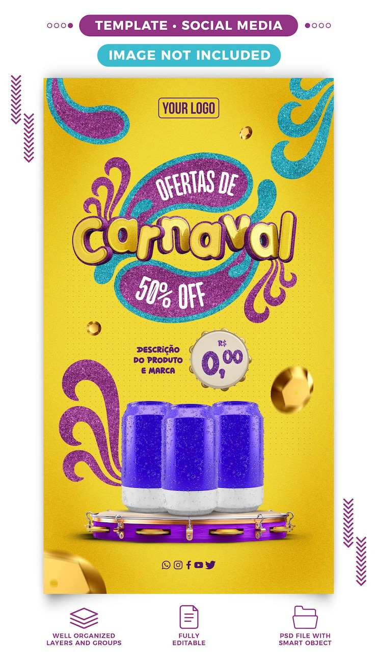 PSD histórias de mídia social ofertas de carnaval para vendas de bebidas em supermercados