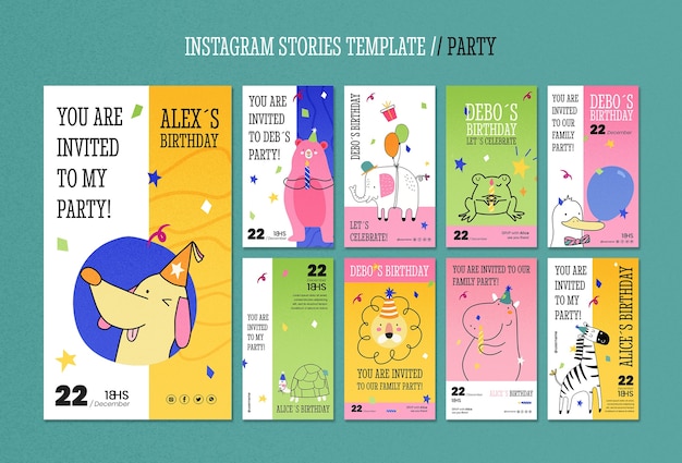 PSD histórias divertidas do instagram de festas desenhadas à mão