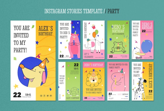 Histórias divertidas do instagram de festas desenhadas à mão