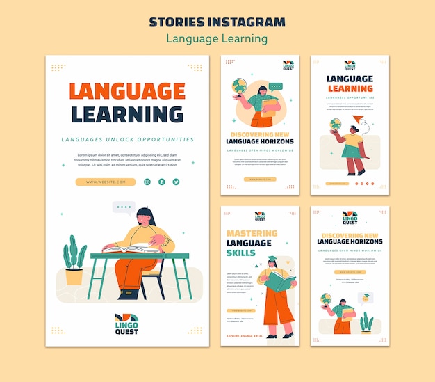 Histórias do instagram de aprendizado de idiomas desenhadas à mão