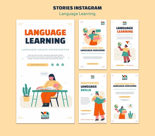 PSD histórias do instagram de aprendizado de idiomas desenhadas à mão