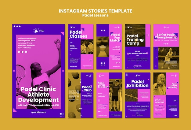 Histórias do instagram de aulas de padel design plano