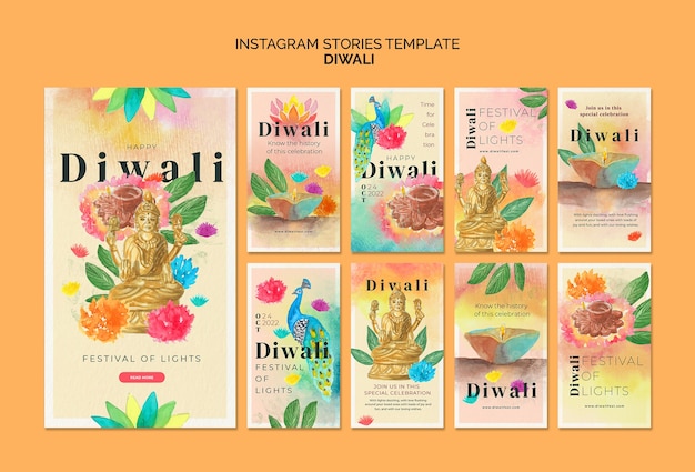 PSD histórias do instagram de celebração de diwali em aquarela