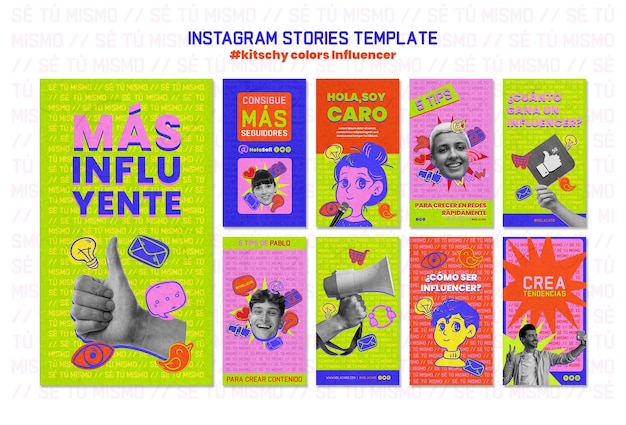 PSD histórias do instagram de cores kitsch desenhadas à mão