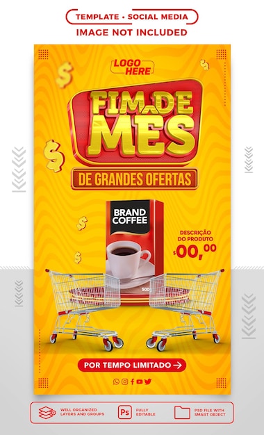 PSD historias de fin de mes en redes sociales de grandes ofertas para supermercados