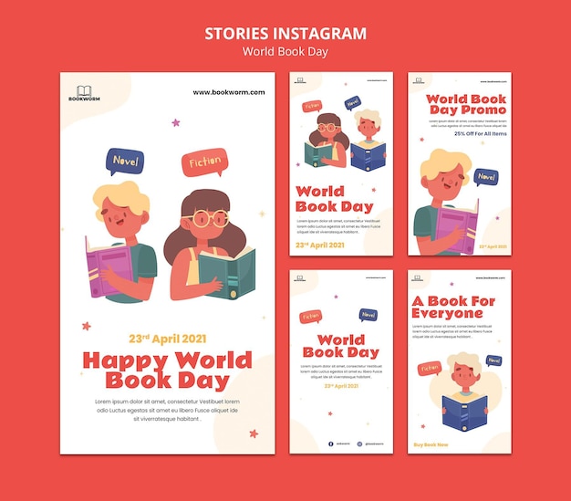 PSD histórias ilustradas do instagram do dia mundial do livro