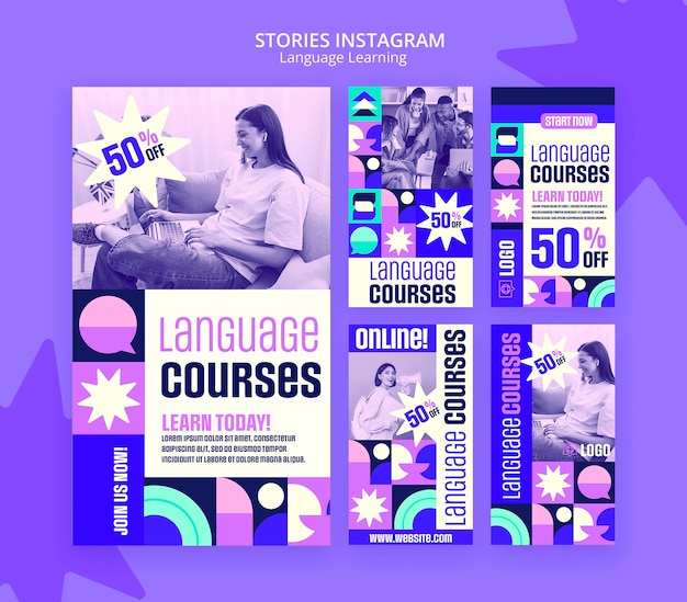 PSD historias de instagram de aprendizaje de idiomas de diseño plano