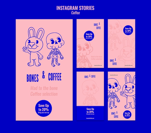 PSD historias de instagram con conejito y esqueleto.