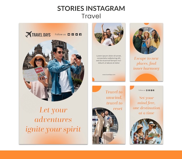 Histórias instagram de viagens e aventuras em design plano