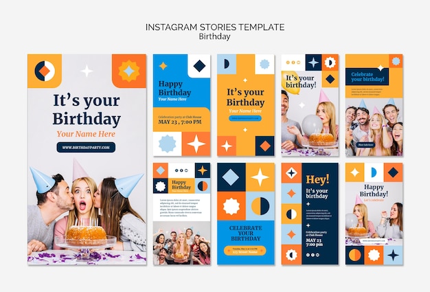 Historias de instagram de fiesta de cumpleaños de diseño plano