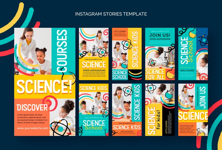PSD historias de instagram de investigación científica de diseño plano