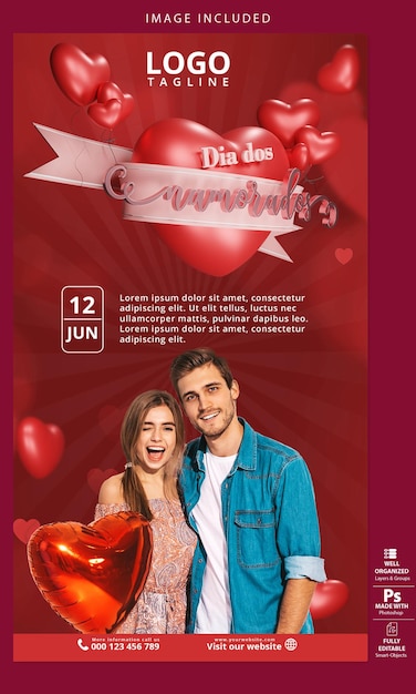 PSD historias de redes sociales día de san valentín corazón y amor globo 3d rojo