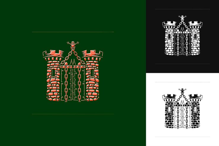 PSD historic castle gate logo with portcullis and chains for dec abstract vector design collections
