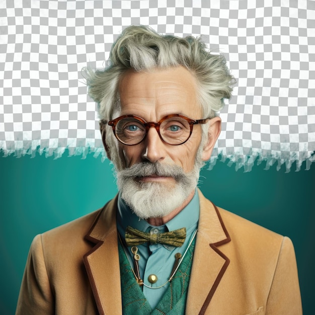 PSD historien nordique inspirant avec des yeux sur des lunettes en pastel turquoise optimiste homme âgé avec des cheveux courts