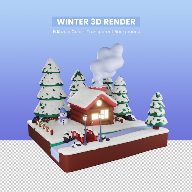 Hiver de Noël rendu 3d de la cabine sur le paysage