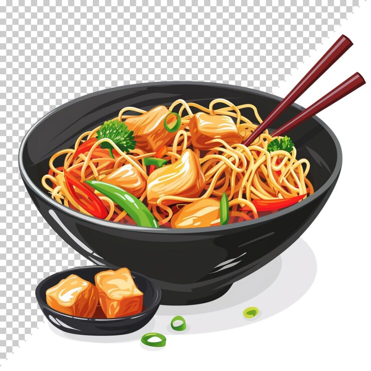 PSD hiyashi chuka lo mein veg y non maggi chow mein con salsa aislada sobre un fondo transparente
