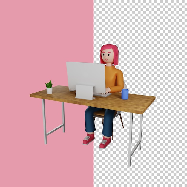 Hoch auflösendes 3D-Mädchen arbeitet am Computer