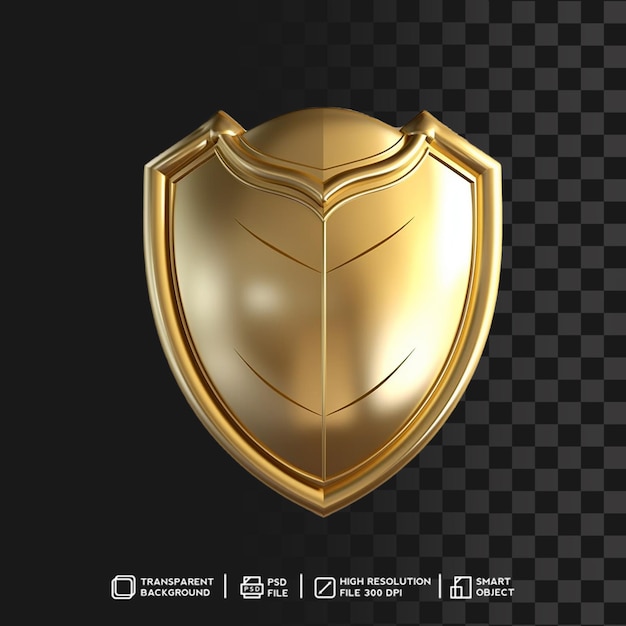 Hochauflösendes 3D-Rendering Golden Metallic Shiny Shield auf transparentem Hintergrund