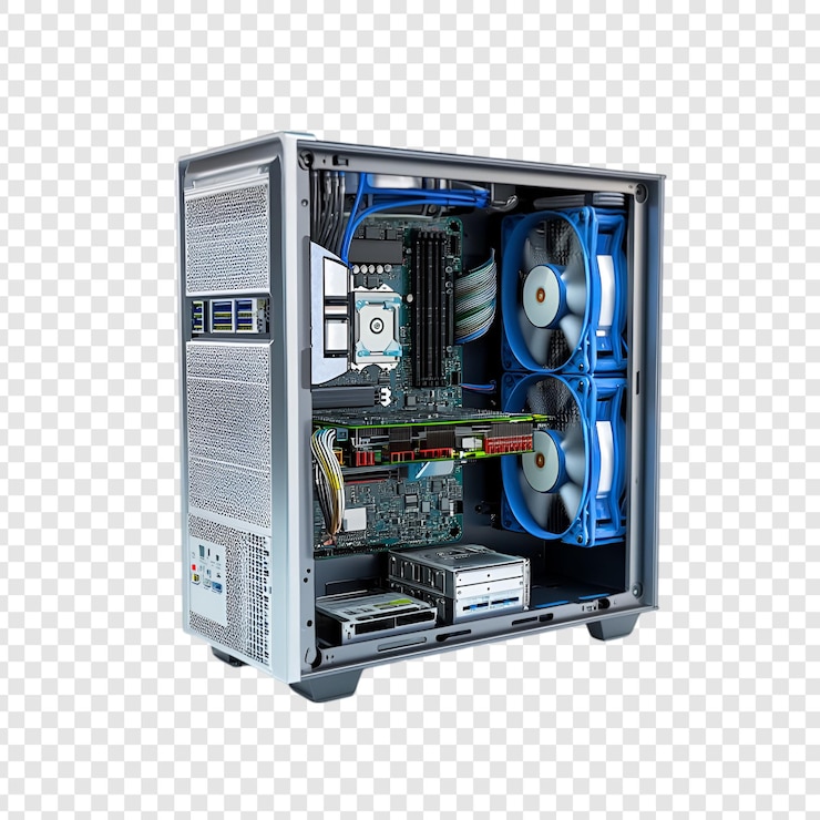 PSD hochleistungs-gaming-pc-turm mit offener seitenplatte, isoliert auf einem transparenten hintergrund