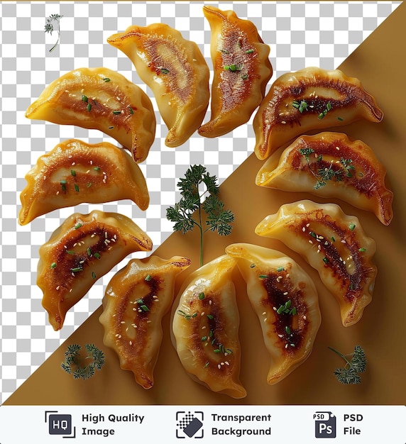 PSD hochwertige durchsichtige psd gyoza knödel werden auf einem durchsichtigen hintergrund gezeigt, begleitet von einem kleinen grünen baum im hintergrund