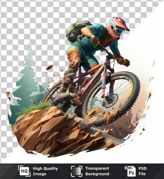 PSD hochwertige transparente psd 3d-mountain-biker-cartoon, der herausfordernde abfahrtswege erobert, mit einem roten helm, einem schwarz-grünen rucksack und einem schwarzen reifen