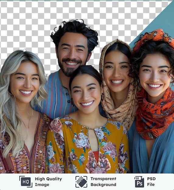 PSD hochwertige transparente psd-gruppenporträt von fünf glücklichen, lächelnden, gemischten, multiethnischen freunden