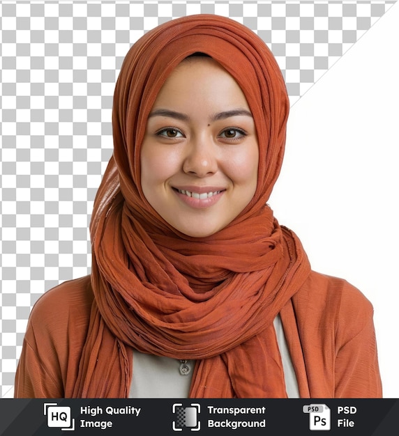 PSD hochwertige transparente psd junge lächelnde selbstbewusste asiatische muslimische frau im hijab-studio casual hijab-mode mit einem orangefarbenen schal mit braunen augen augenbrauen und nase und