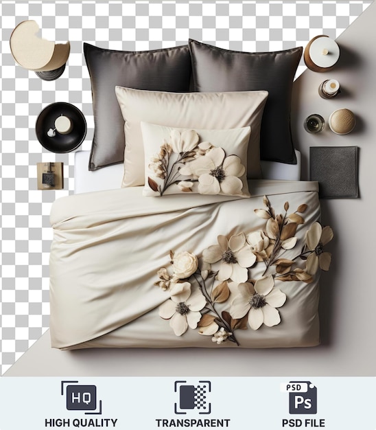 Hochwertige transparente psd-luxus-bettwäsche und schlafzimmerdekoration mit einem weißen bett mit schwarz-weißen kissen, ergänzt durch eine weiße blume und eine weiße wand