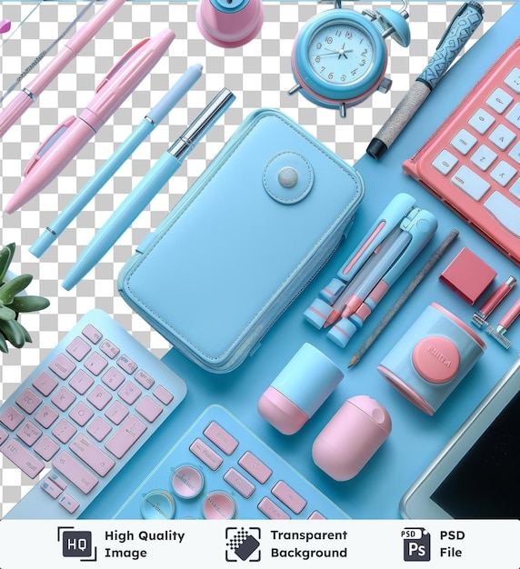 Hochwertige transparente psd professionelle grafik-design- und illustrationswerkzeuge auf einem blauen tisch mit einer rosa stift-tastatur und maus
