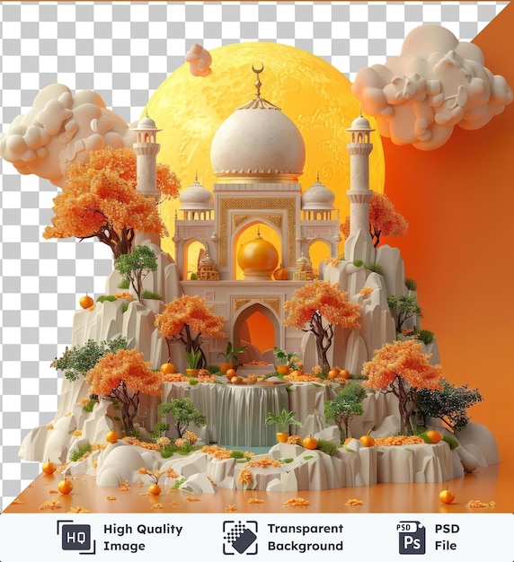 PSD hochwertige transparente psd ramadan mubarak postkarte mit einem orangenbaum weißer kuppel und orangefarbener wand mit einem kleinen baum im vordergrund