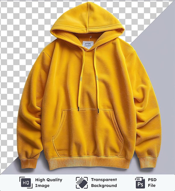 Hochwertige transparente psd-vorderseite-ansicht ein hoodie gelbes fleece-material stoff-etikett erfassen