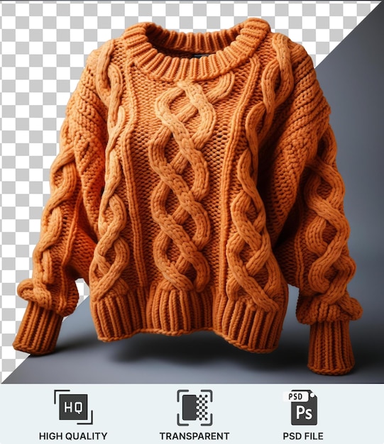 PSD hochwertiger gestrickter pullover in brauner und orangefarbener farbe gegen eine blaue wand mit einem schwarzen schatten im vordergrund